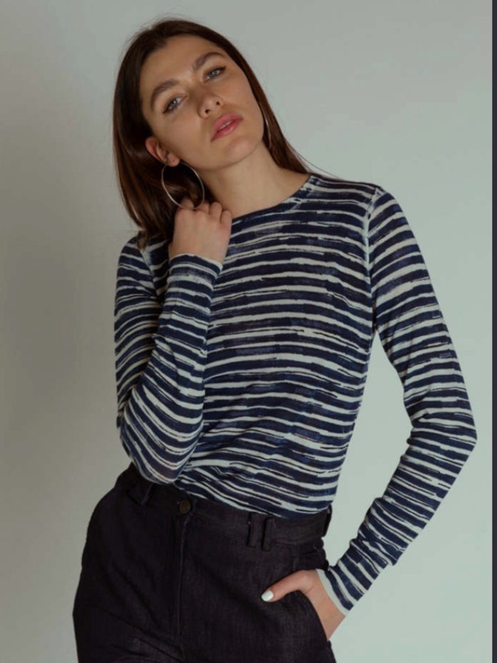 MJ Watson striped Navy pullover. Large